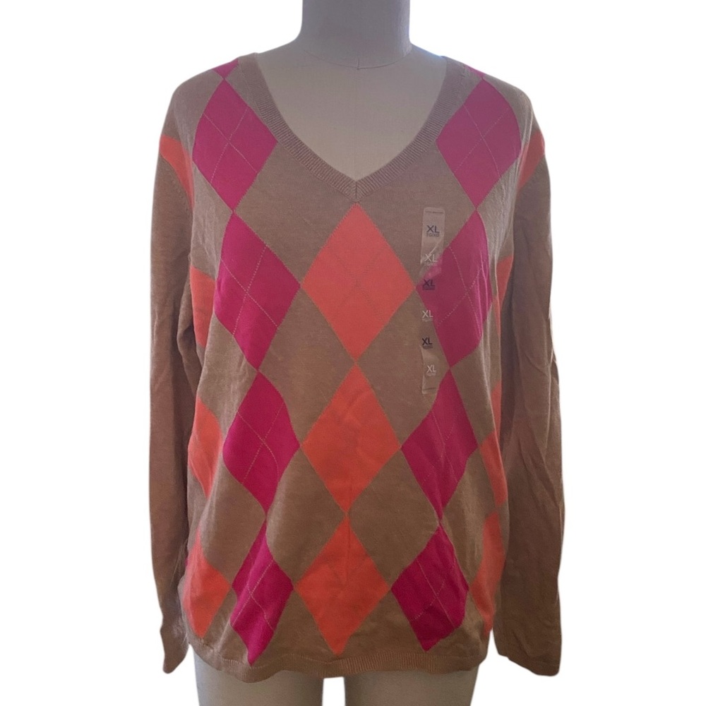 Vibrant Argyle V-Neck Sweater in Pink and Orange Tommy Hilfiger XL